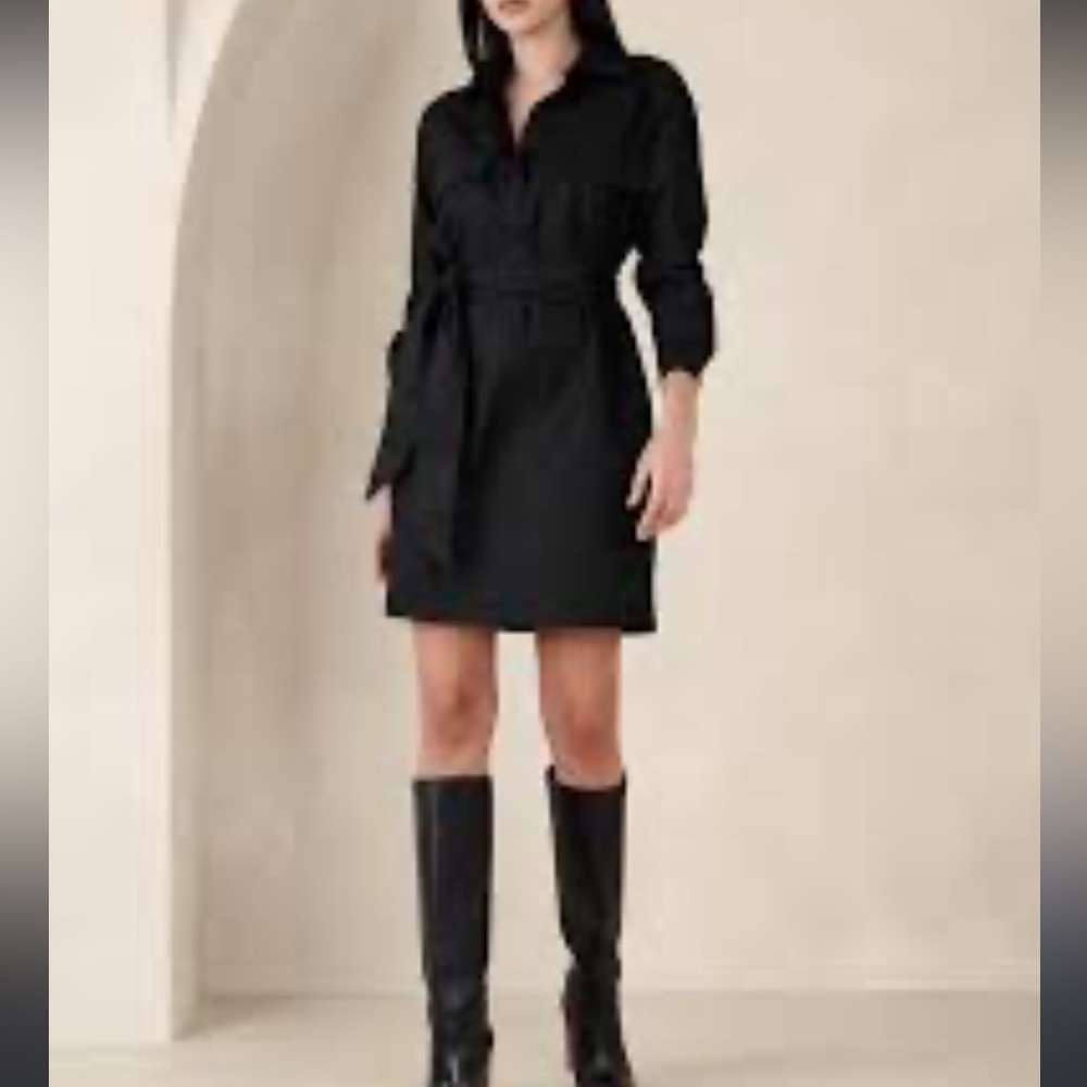 Banana Republic Twill Utility Mini Shirt Dress Belted Long Sleeve Black Large
